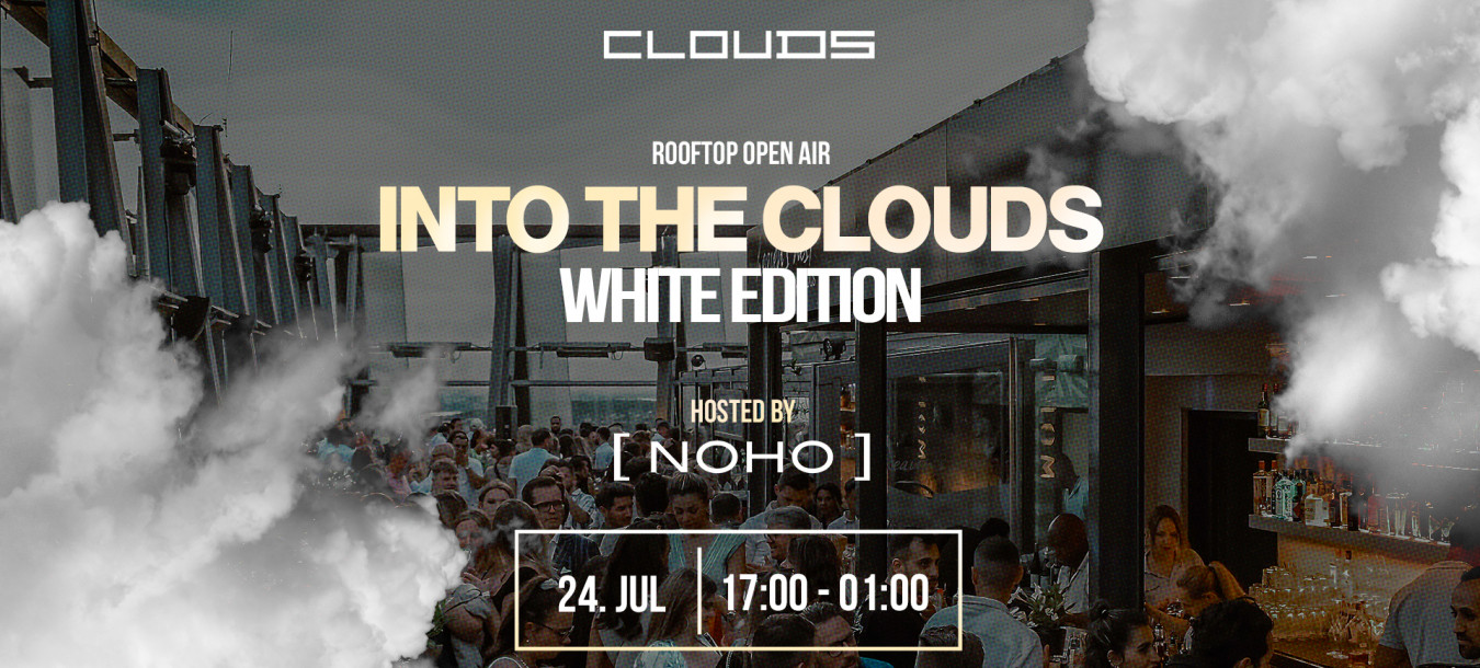 Dachparty mit Publikum, Bar und eingeblendetem Text: INTO THE CLOUDS White Edition, 24. Juli, 17:00-01:00 Uhr, Rooftop Open Air.