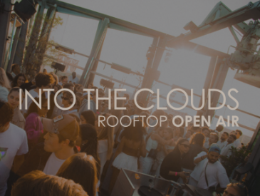 Event poster with a sunset over city buildings, advertising Into The Clouds rooftop open air event at Reeperbahn 1, Hamburg.