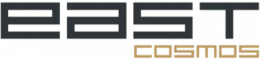 The image shows the word “East cosmos” in lowercase letters in a bold, geometric font in gold and black color on a white background.