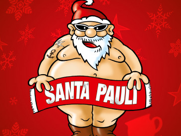 Karikatur eines knallharten, hemdlosen Weihnachtsmanns mit einem Santa-Pauli-Schal in der Hand, mit einem roten, festlichen Hintergrund und Schneeflocken.